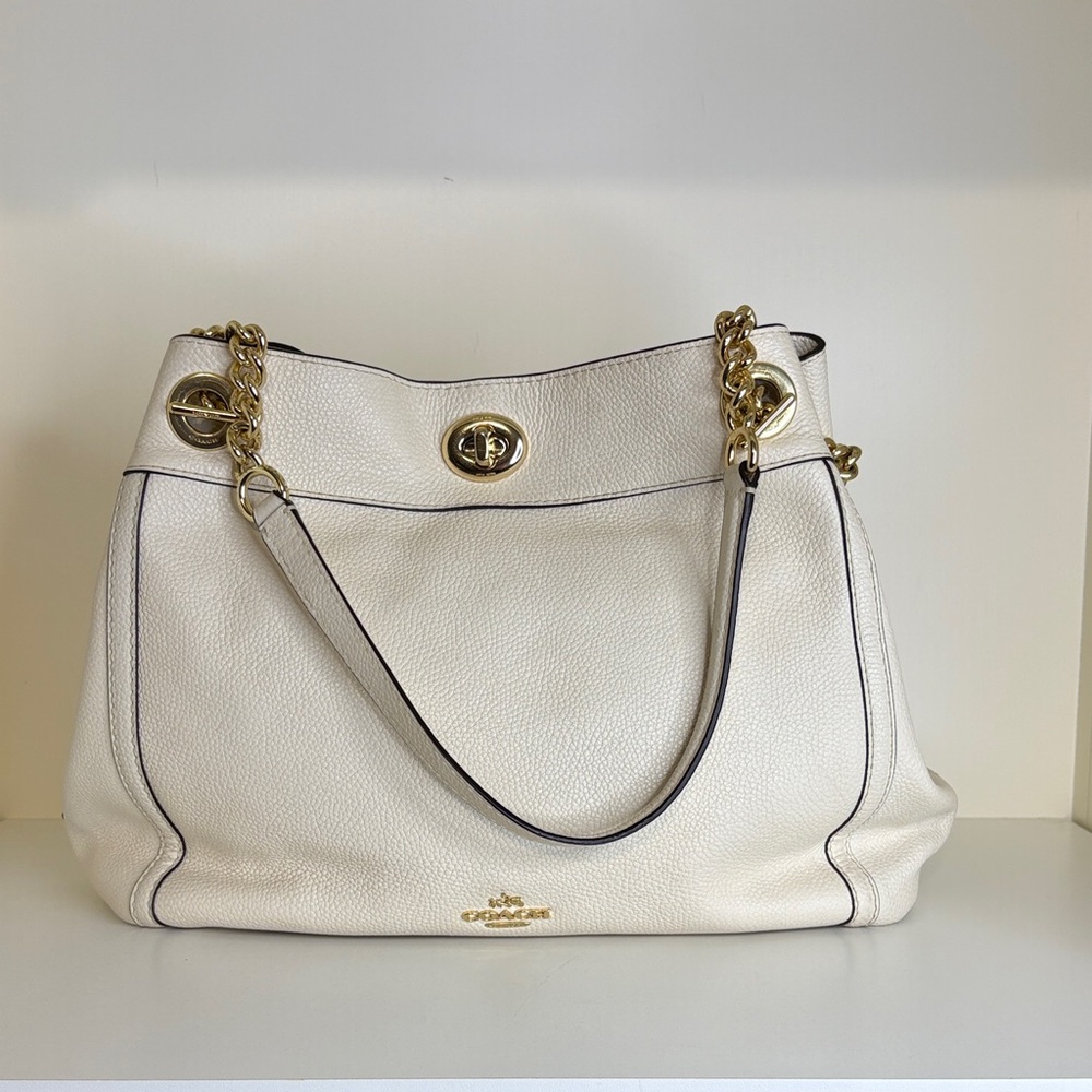 Coach Cream Pebbled Leather Shoulder Tote with Gold Hardware